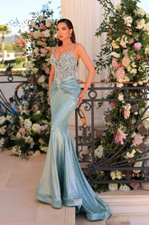 Fabulous Long Green Mermaid Spaghetti Straps Lace Satin Prom Evening Dresses